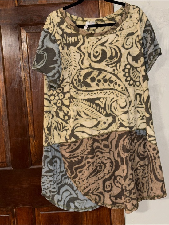 Winter Sun Tops - Winter Sun Olive & Taupe Swirl Tie Dye-like Modern Cotton Tunic Top